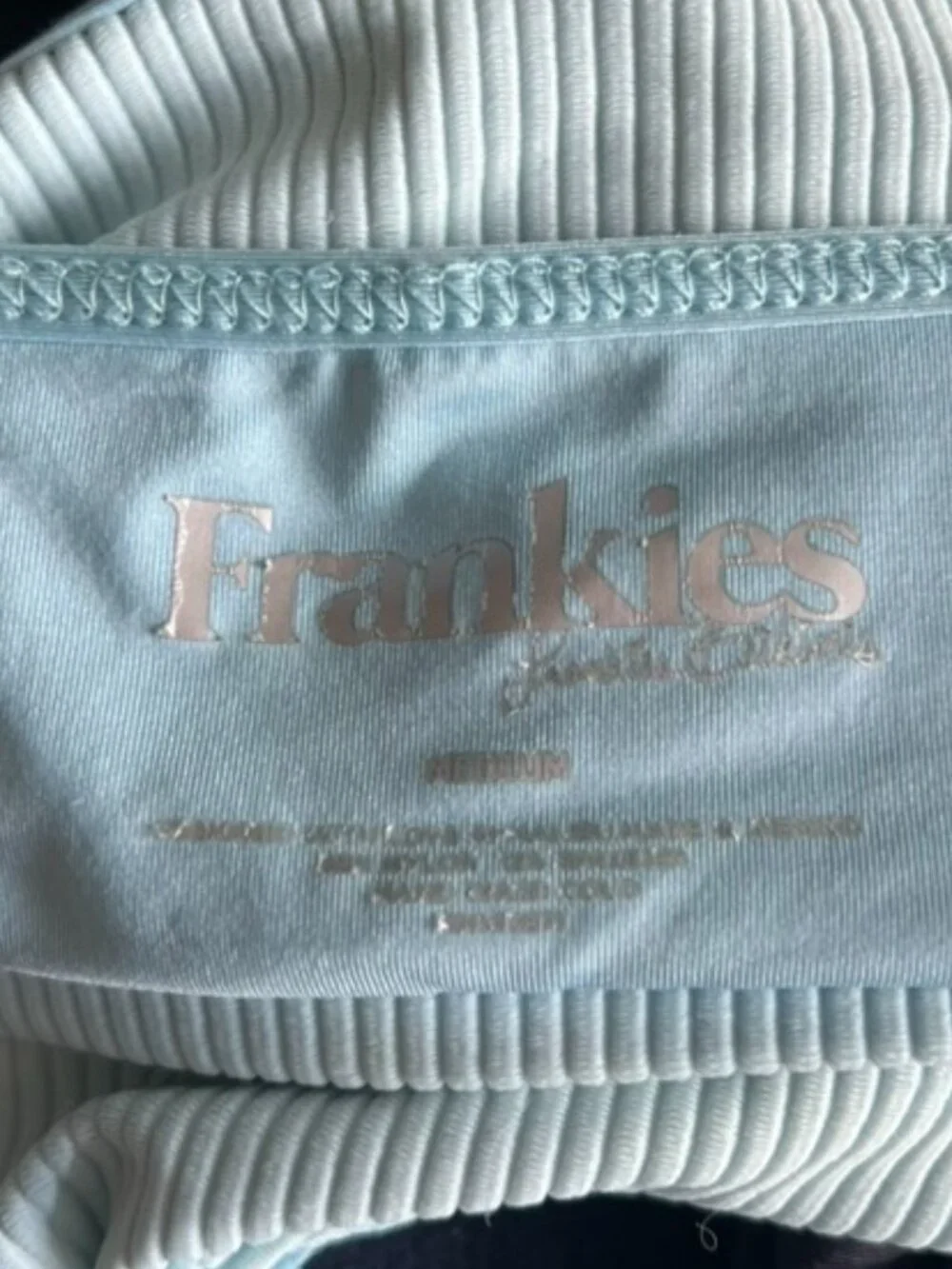 FRANKIES BIKINIS Sky Blue Ribbed Front Knot Tie Bralette Bikini Top Size M